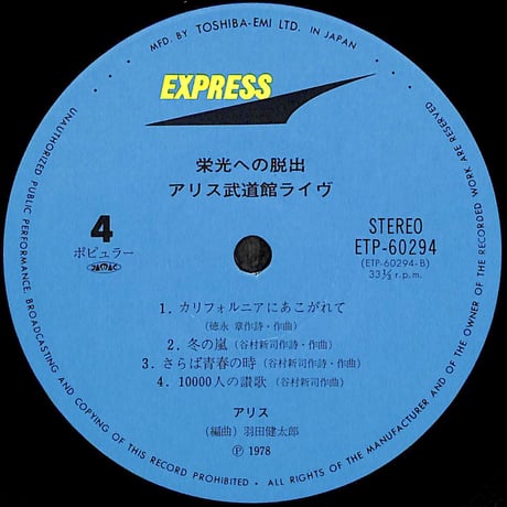 アリス / 栄光への脱出 アリス武道館ライヴ [※国内盤,品番:ETP-60293-94,2枚組］(LPレコード)