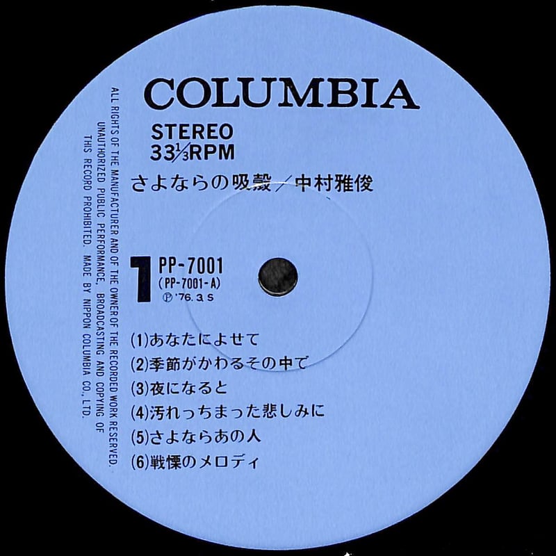 中村雅俊 / さよならの吸殻 [※国内盤,品番:PP-7001］(LPレコード