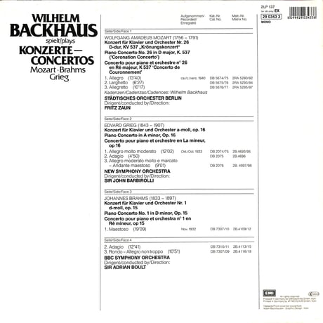 バックハウス / Mozart,Brahms,Grieg:Spielt-Plays Konzerte - Concertos [※Germany盤,品番:29 0343 3,2枚組］(LPレコード)