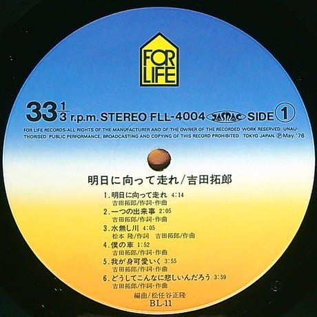 吉田拓郎 / 明日に向かって走れ (編曲: 松任谷正隆) (1976年5月25日発売 フォーライフ設立後初となる第6作目のオリジナルアルバム。) [帯付、歌詞カード付(シミや汚れ)] (LPレコード)