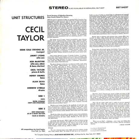セシル・テイラー / Unit Structures (1975再発 青ラベ黒音符)（LPレコード）