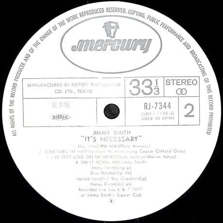ジミー・スミス / It's Necessary [※希少白ラベルPROMO盤,国内盤,品番:RJ-7344］(LPレコード)