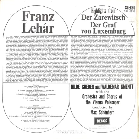 フランツ・レハール / Highlights From Der Graf Von Luxemburg,Der Zarewitsch [※輸入盤,生産国:UK,品番:SXL 6231］(LPレコード)