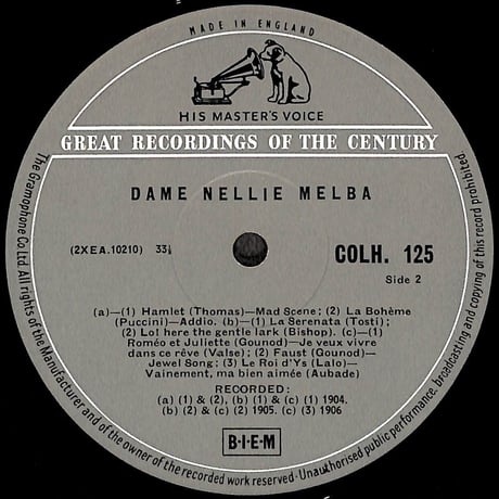 ネリー・メルバ / Operatic & Song Recital [※輸入盤,生産国:UK,品番:COLH 125］(LPレコード)