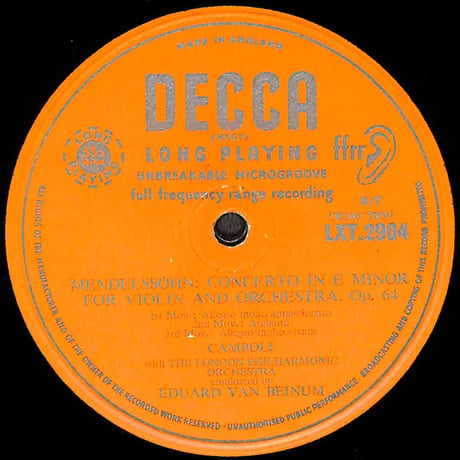 メンデルスゾーン,ブルッフ 他 / Violin Concerto/Violin Concerto No.1 [※輸入盤,生産国:UK,品番:LXT 2904］(LPレコード)