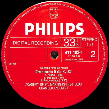 モーツァルト / Divertimento Kv 334 • March Kv 445 [※輸入盤,生産国:Netherlands,品番:411 102-1］(LPレコード)