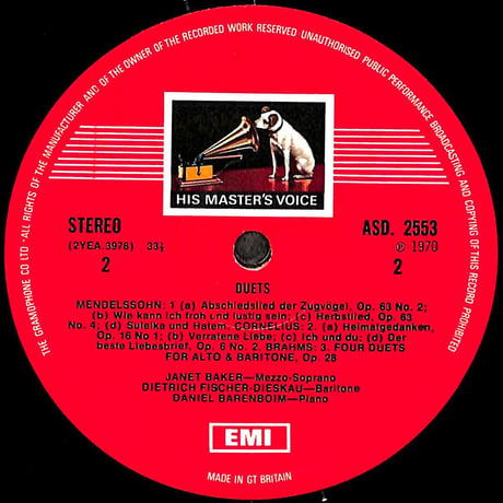 ジャネット・ベイカー,ディートリヒ・フィッシャー＝ディースカウ 他 / Duets [※輸入盤,生産国:UK,品番:ASD 2553］(LPレコード)