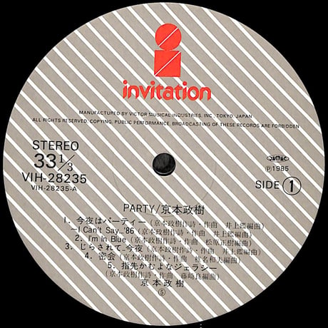 京本政樹 / パーティー [※国内盤,品番:VIH-28235］[京本政樹フォトブックレット付き](LPレコード)