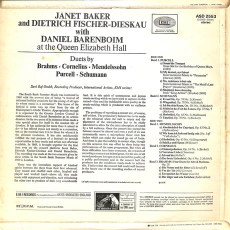 ジャネット・ベイカー,ディートリヒ・フィッシャー＝ディースカウ 他 / Duets [※輸入盤,生産国:UK,品番:ASD 2553］(LPレコード)