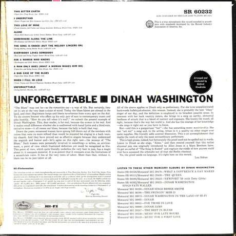 ダイナ・ワシントン / Unforgettable [※輸入盤,生産国:US,品番:SR 60232］(LPレコード)