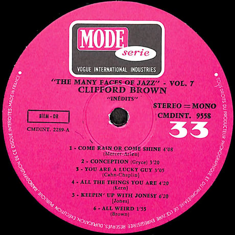 クリフォード・ブラウン / Inédits [※輸入盤,生産国:France,品番:CMDINT 9558］(LPレコード)