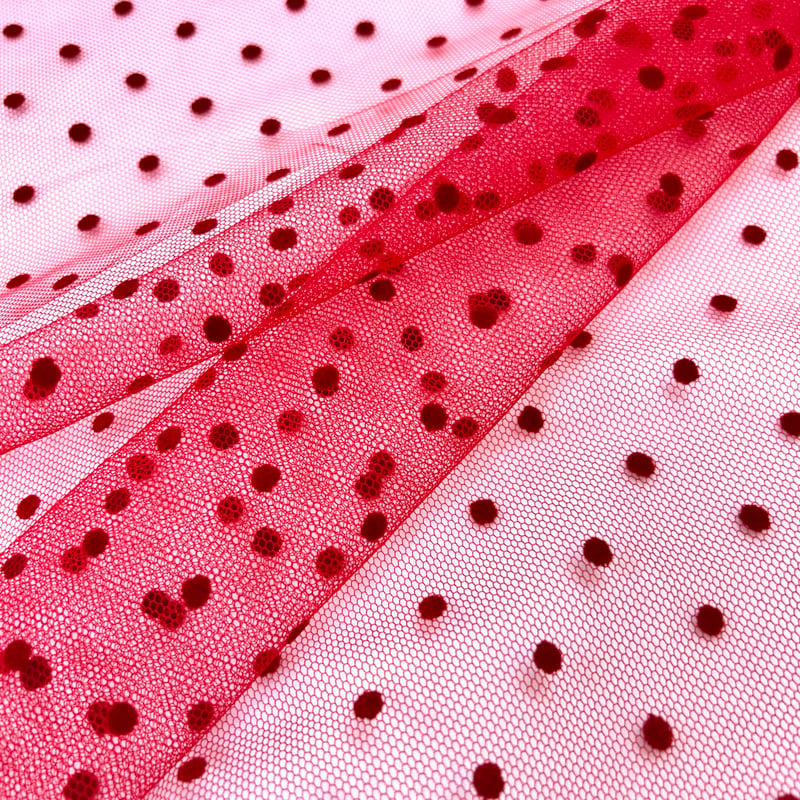 10㎝からカットOK】ドット柄フロッキーチュール(赤) | 服地とお