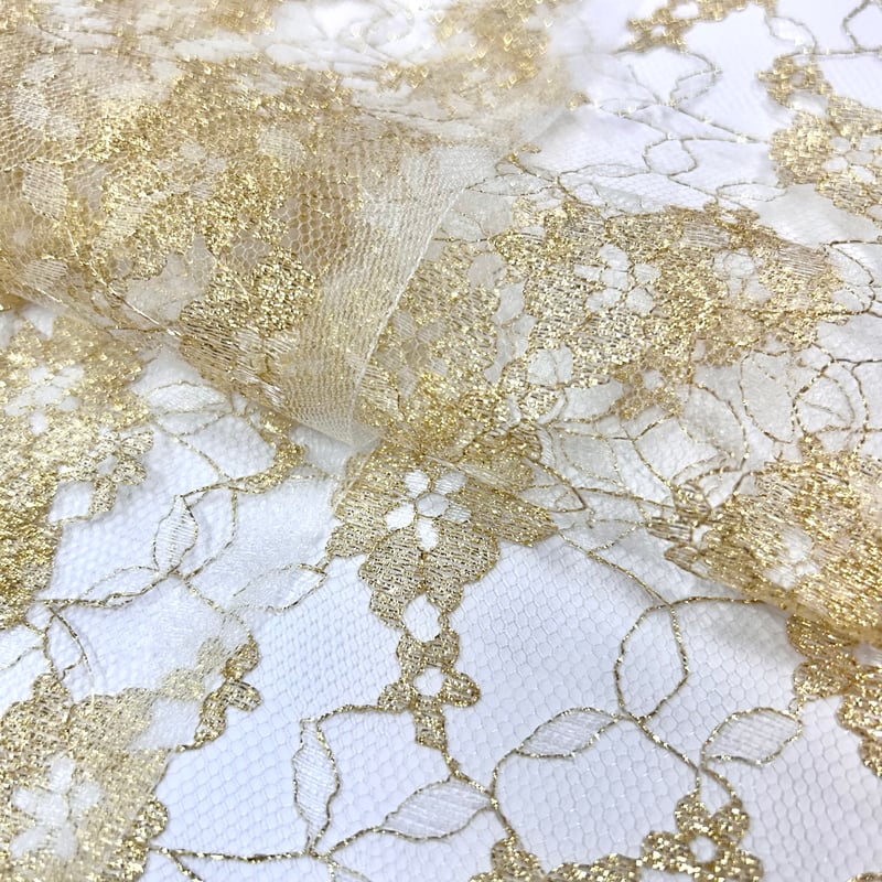 10㎝からカットOK】花柄ラメチュールレース(白にゴールド) | 服地