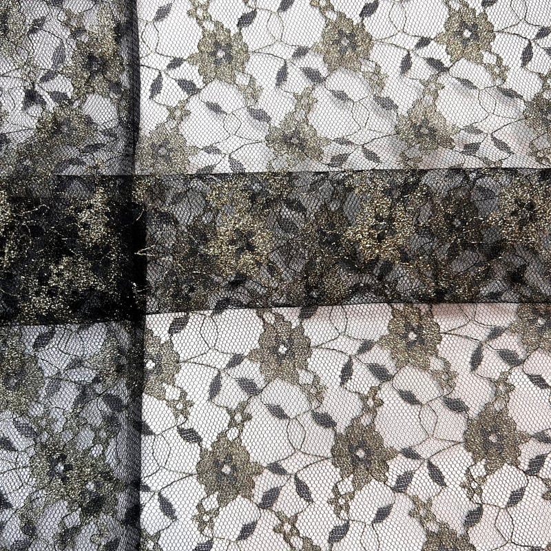 10㎝からカットOK】花柄ラメチュールレース(黒にゴールド) | 服地