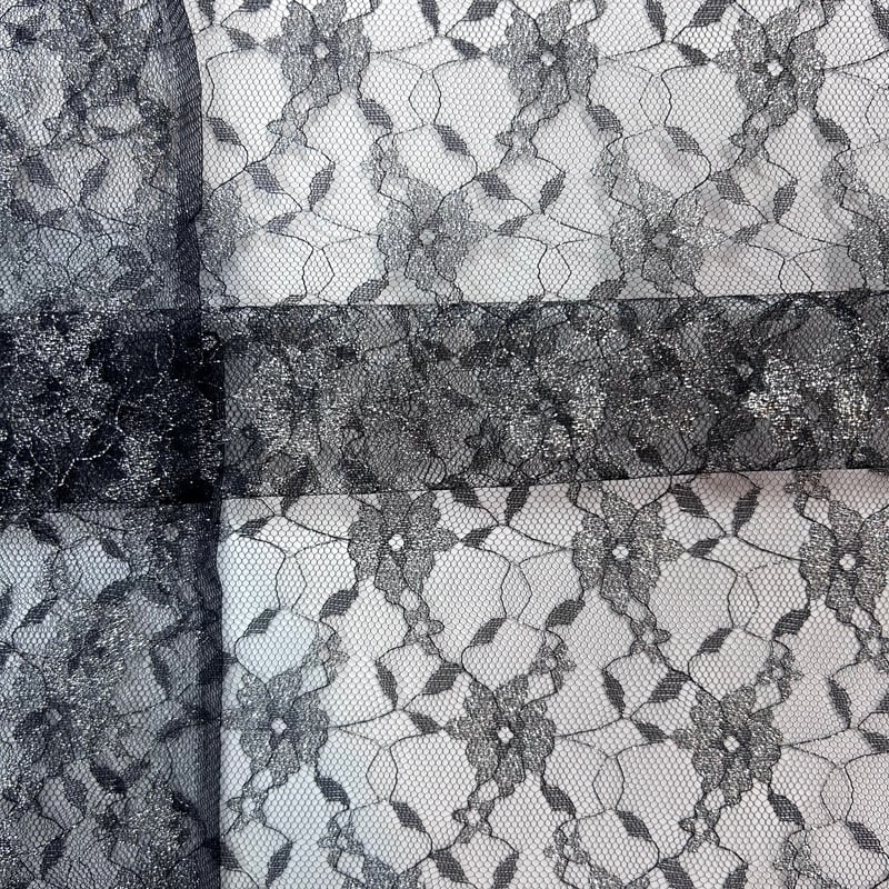 10㎝からカットOK】花柄ラメチュールレース(黒にシルバー) | 服地