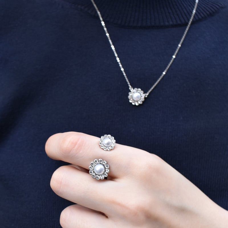 silver flower motif double ring | ISRIE