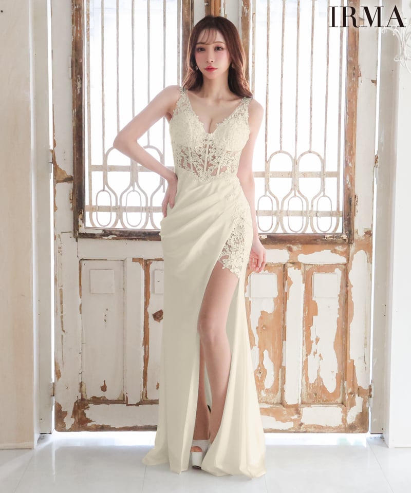 IRMA】サテンワンカラー/レースシアー/LongDress【41628-1 IRMA】サテンワンカラー/レースシアー/LongDress【41628-1
