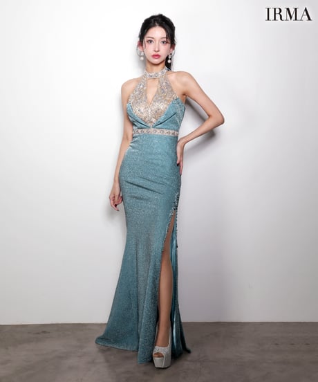 【IRMA】ラメニット/刺繡/ホルター/スリット入り/LongDress【61057-1】