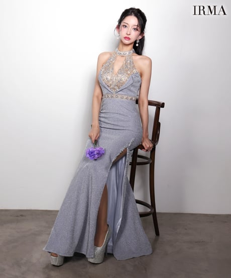 【IRMA】ラメニット/刺繡/ホルター/スリット入り/LongDress【61057-1】