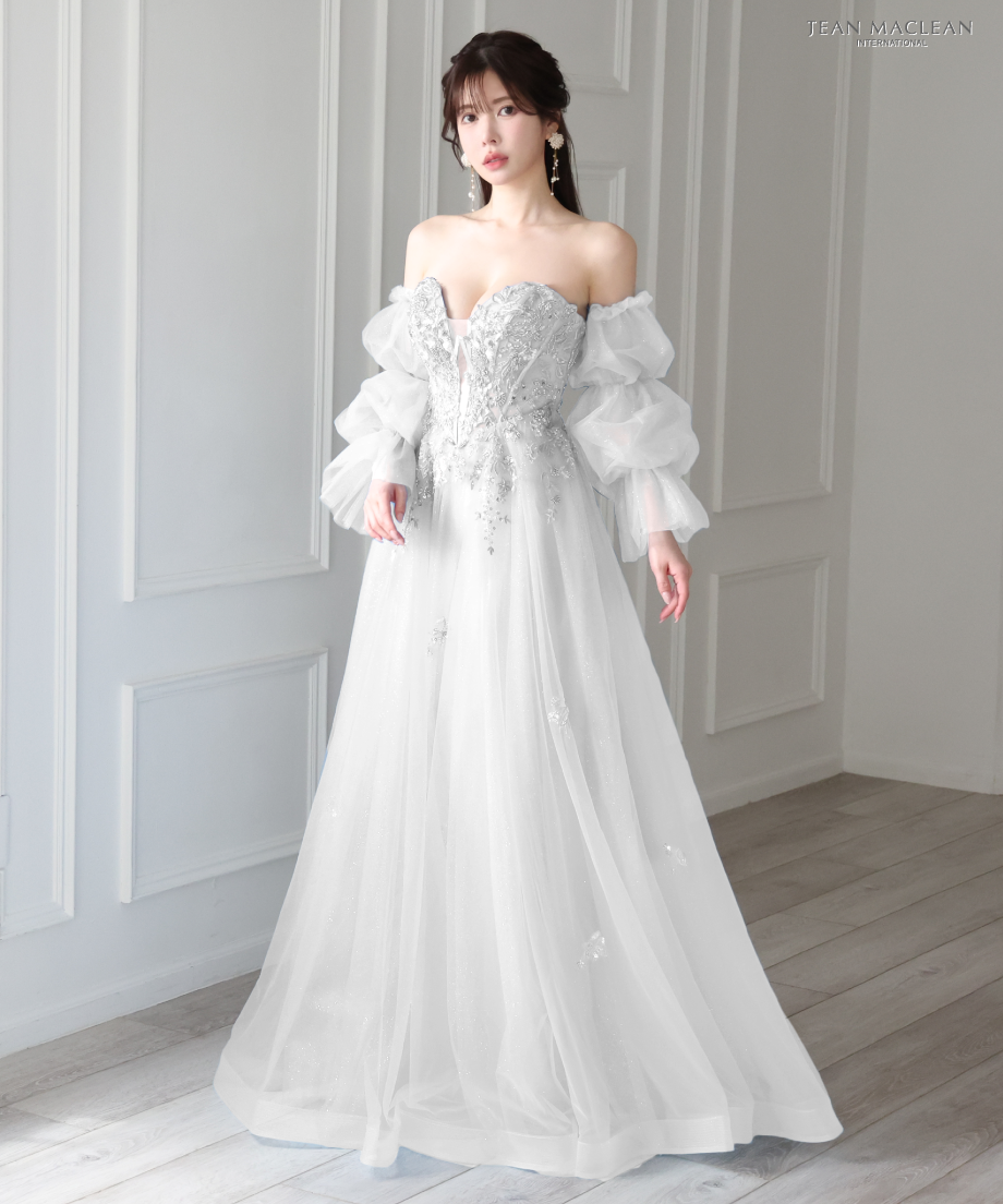 シルバー ストラップレス フレアドレス 21227＊JEAN MACLEAN＊立体フラワー刺繍プリンセスドレスwhM