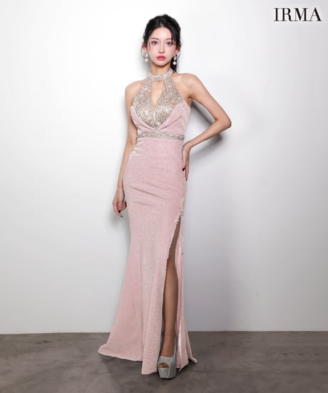 【IRMA】ラメニット/刺繡/ホルター/スリット入り/LongDress【61057-1】