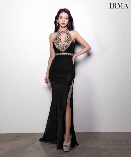 【IRMA】ラメニット/刺繡/ホルター/スリット入り/LongDress【61057-1】