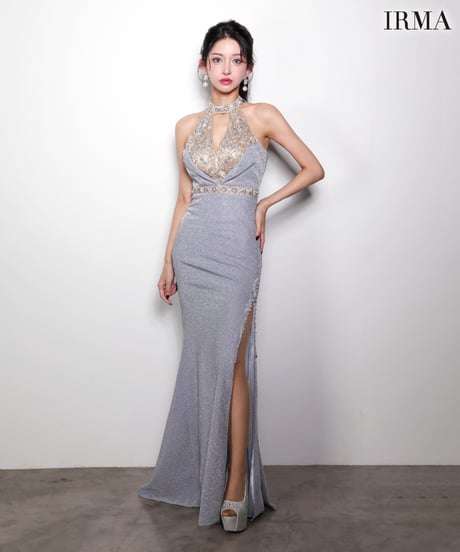 【IRMA】ラメニット/刺繡/ホルター/スリット入り/LongDress【61057-1】