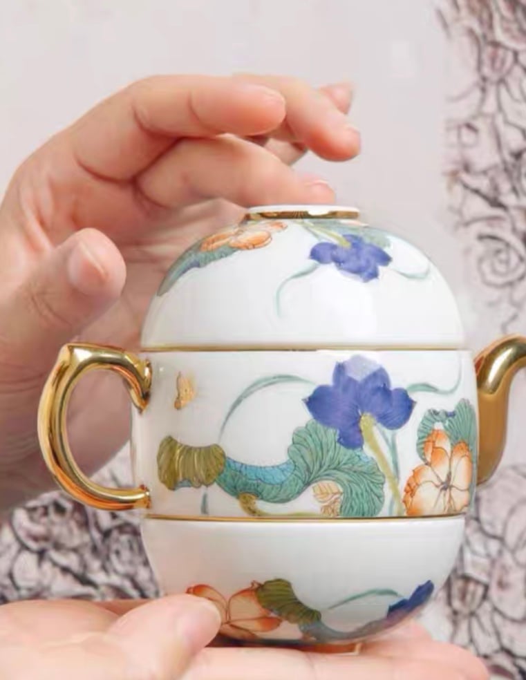中国　粉彩　蓮花人物文　盒子　香合　蓋物　合わせ箱　V　R8271 風清堂 中国茶器セット 蓮花