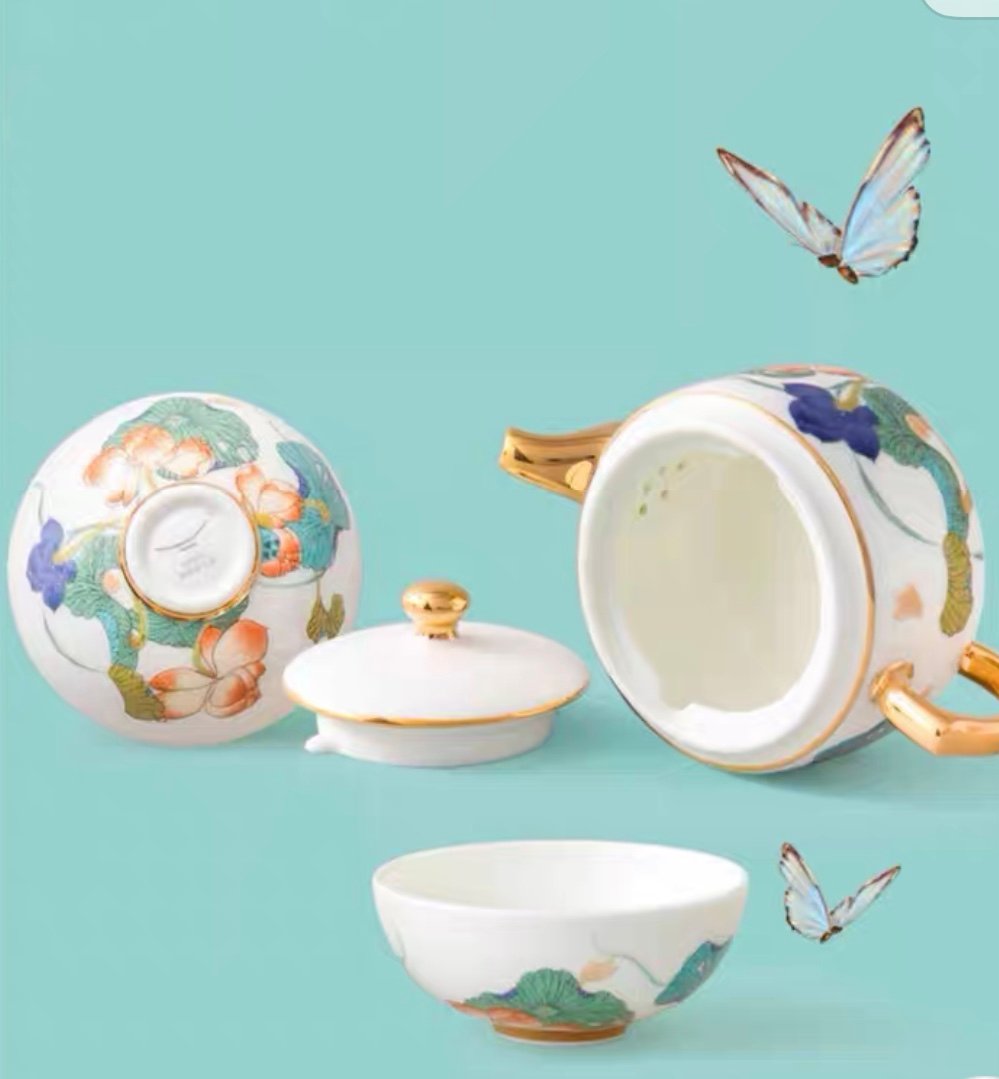 中国　粉彩　蓮花人物文　盒子　香合　蓋物　合わせ箱　V　R8271 風清堂 中国茶器セット 蓮花