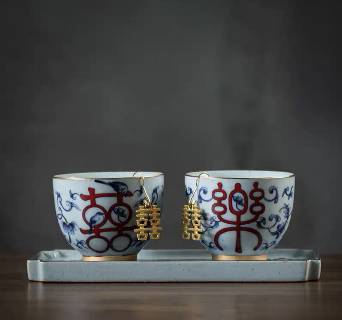 骨董　古道具　アンティーク　中国　茶杯　器　小皿　縁起物　花　喜 CH304 茶杯&茶盤「喜楽」 | 中国茶専門店GUDDI