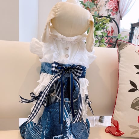 パッチデニムフリル重ねワンピorパンツ