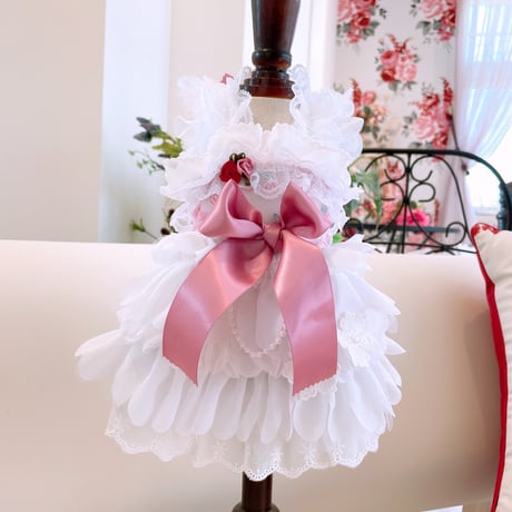 花びらシフォンレースのワンピ｛ローズチュール｝