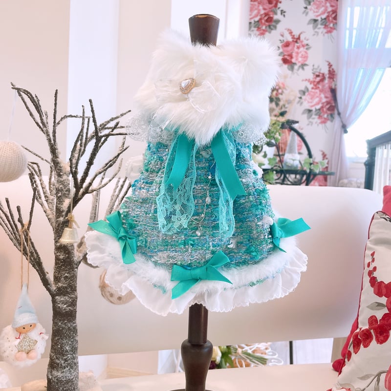 ブルーグリーンツイードコートワンピ{ファーテイペット付き｝ | Pule