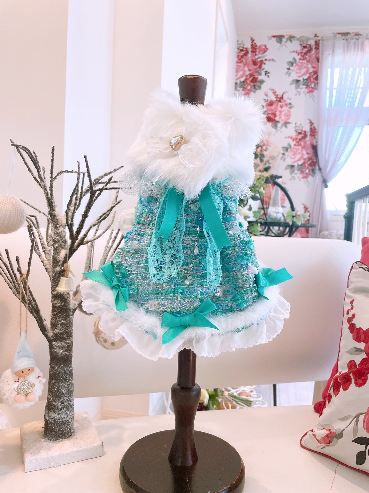 ブルーグリーンツイードコートワンピ{ファーテイペット付き｝ | Pule