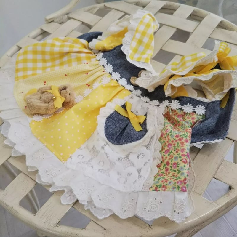 handmadeパッチワーク風ワンピースfreeイエロー 黄色ガーリーパッチワークワンピ＾＾ | Pule.Jam First