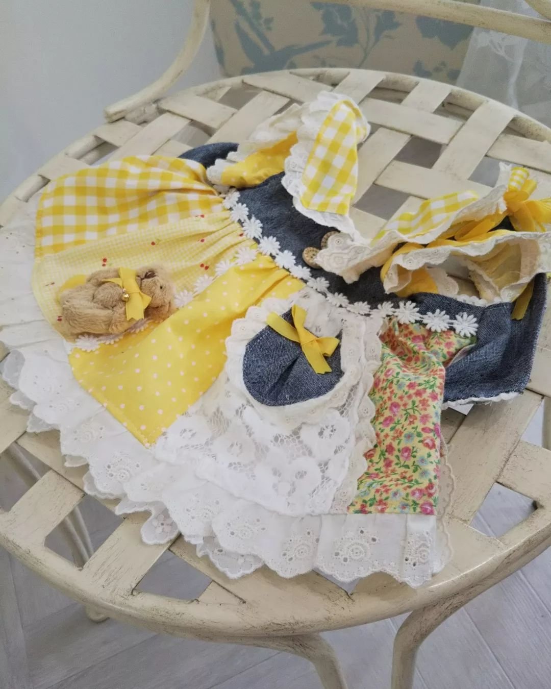 handmadeパッチワーク風ワンピースfreeイエロー パッチワークコットンワンピース（黄色） ワンピース ヌノモリ