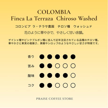 【Top Specialty】コロンビア ラ・テラサ農園　チロソ種 ウォッシュド/ Colombia Chiroso Washed　100g/3,000円(税込価格)