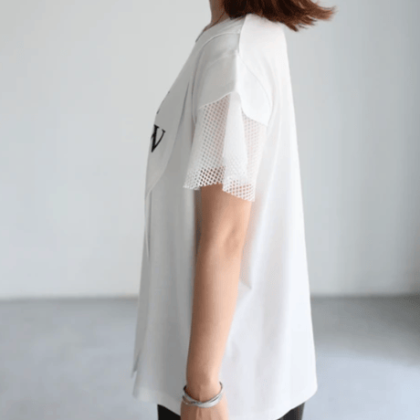 袖メッシュ切替デザインロゴTシャツ