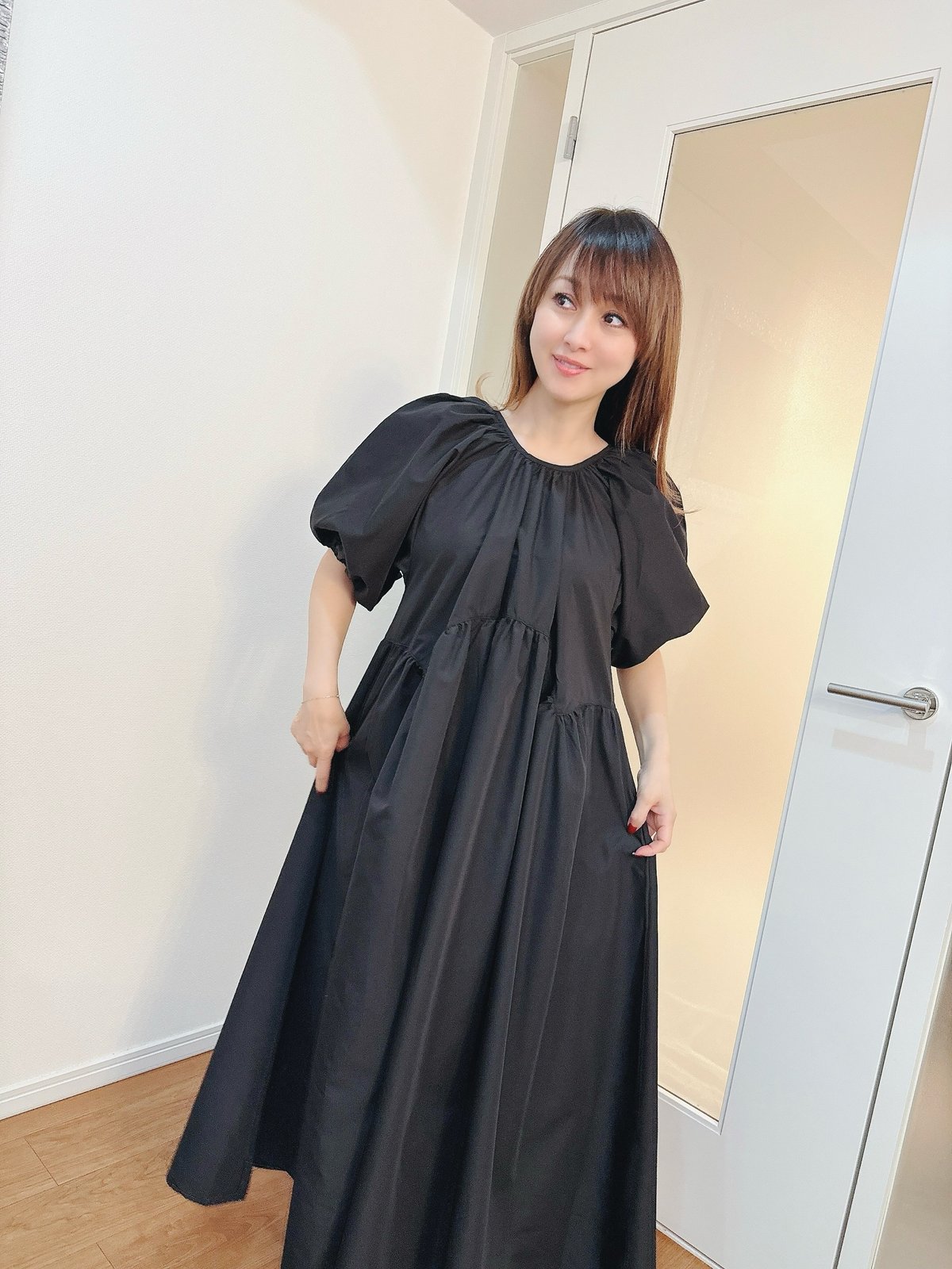 【美品】クラネ ふんわりギャザー ティアードロングワンピース グリーン 2 セール】 プルーフタフタ ギャザーロングワンピース （ロング