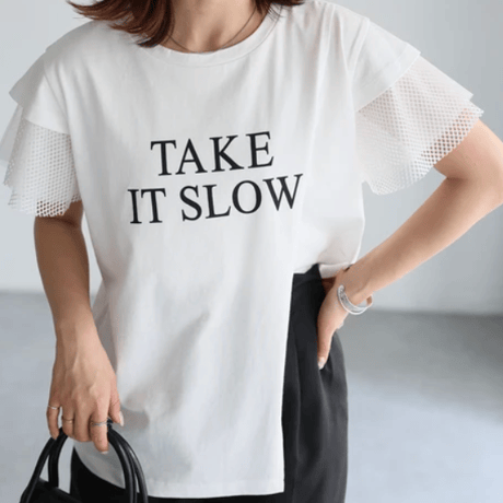 袖メッシュ切替デザインロゴTシャツ