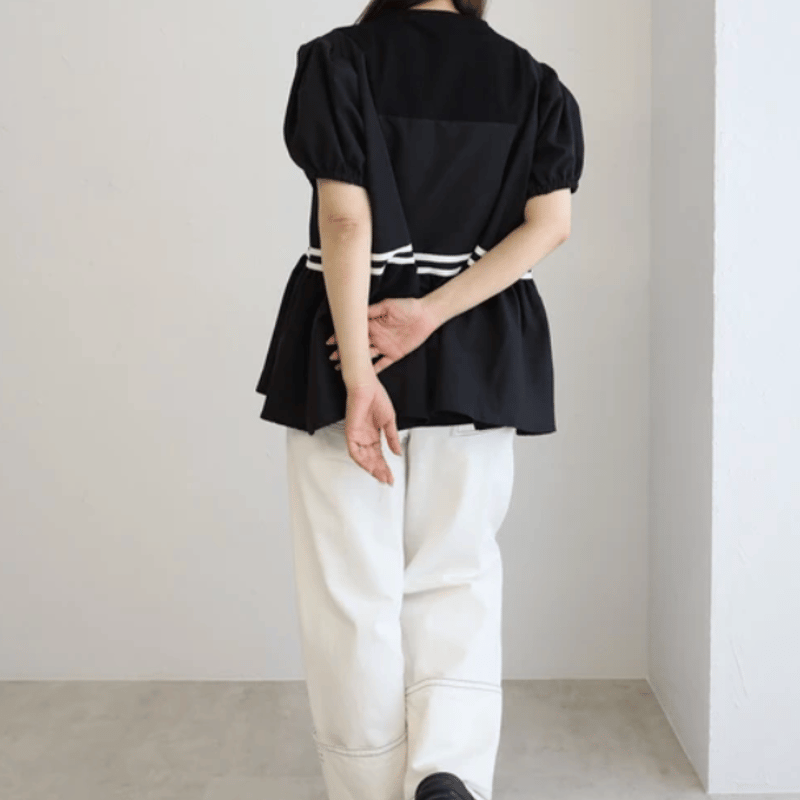 配色ラインペプラム半袖トップス | Minayo Select