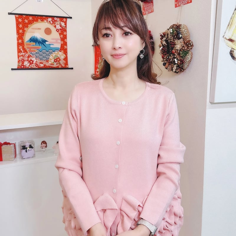 miumiu フリル切替えニットカーディガン ピンク リボン付きフリルニットカーディガン×フラワーチュールプリントキャミ