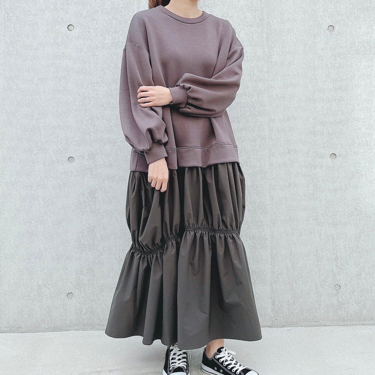 ドッキングギャザーワンピース 異素材ドッキングギャザーワンピース | Minayo Select