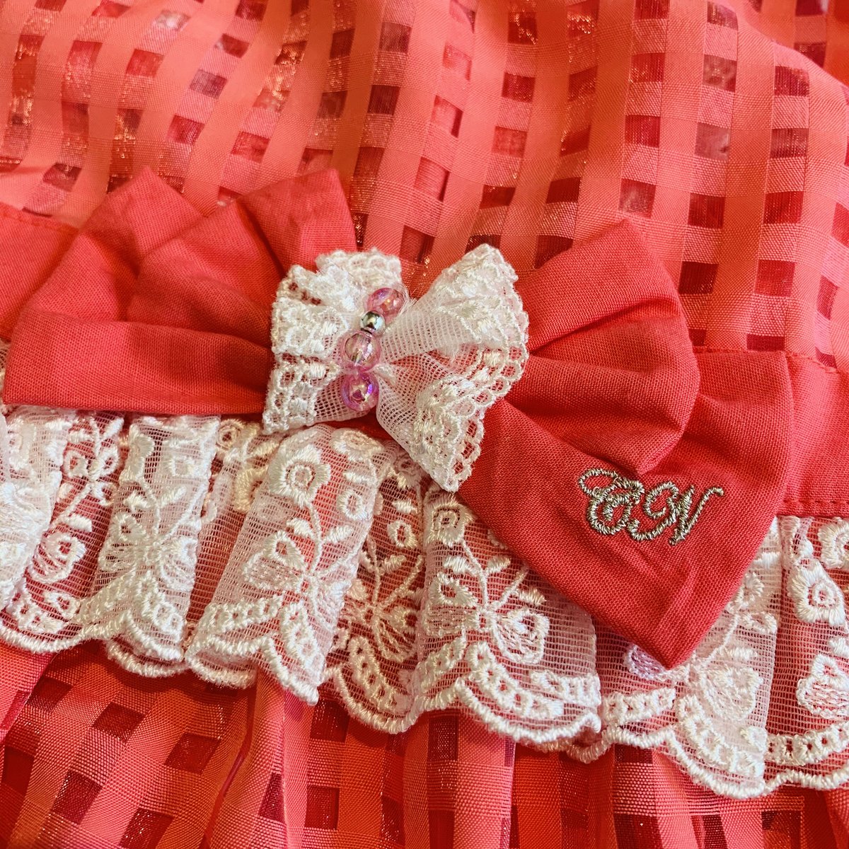 犬用】シアーチェックフリルワンピース【フラミンゴピンク】 cn-958