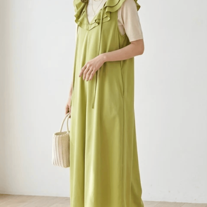 値下げ中【HOUGA】フリルデザイン グリーン ノースリーブワンピース フリルショルダーノースリーブワンピース | Minayo Select