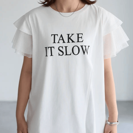 袖メッシュ切替デザインロゴTシャツ