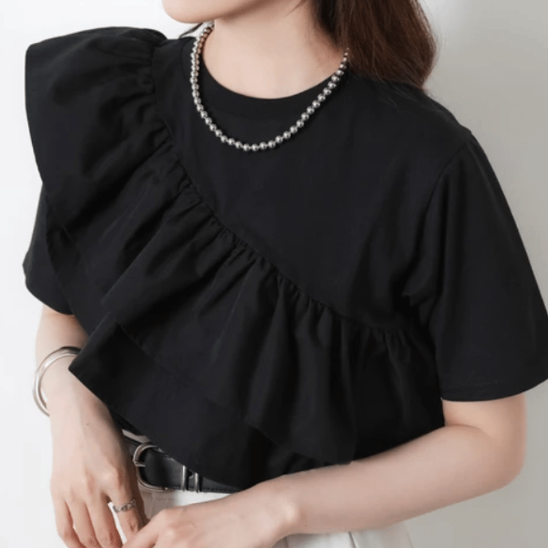 FRILL ブラック 半袖Tシャツ 汗染み防止加工】フリル半袖Tシャツ | Minayo Select
