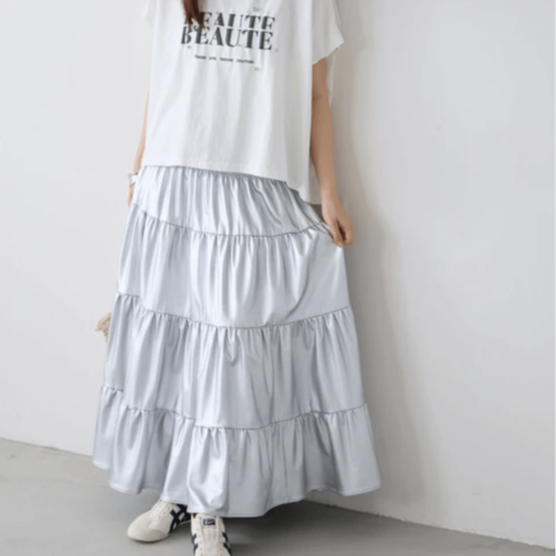 エコレザーメタリックティアードロングスカート【8月下旬お届け