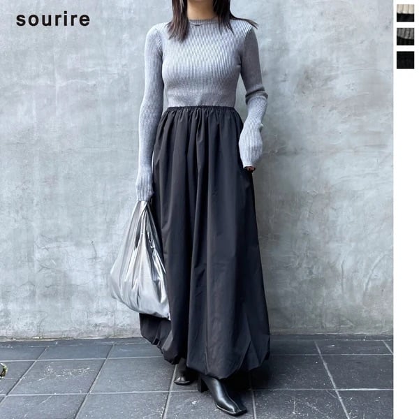 こすもすん　ゆるネックのバルーンワンピース　コットン黒 ナイロン×ニットクルーネックバルーンワンピース | Minayo Select