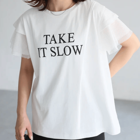 袖メッシュ切替デザインロゴTシャツ